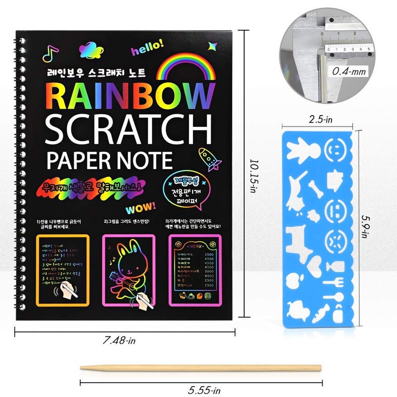 Kitoyz 4 Pack Scratch Arts Drawing Notebook for Kids Drawing Pad, Large Rainbow Scratch Drawing Paper Set for Kids Art Supplies (with 4 Wooden Stylus & 4 Drawing Stencils - Image 2